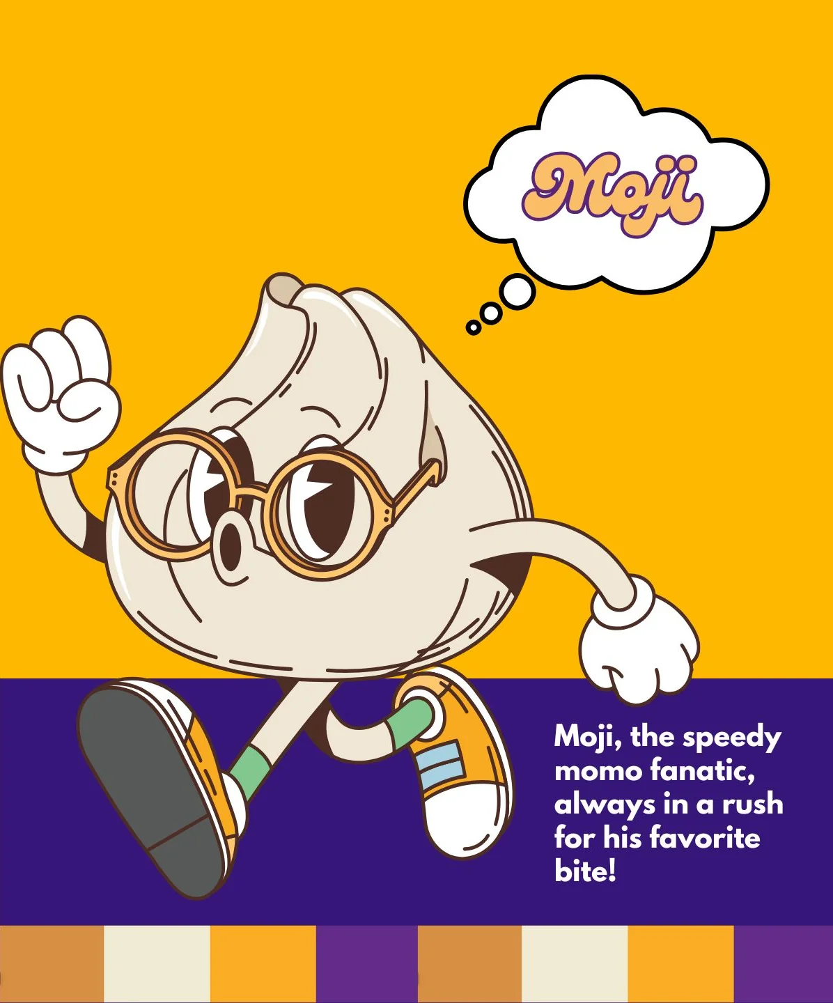 Moji, the MomoRush mascot: a momo in round glasses and sneakers, mid-stride with a fist raised, his name in a thought bubble and his line beneath