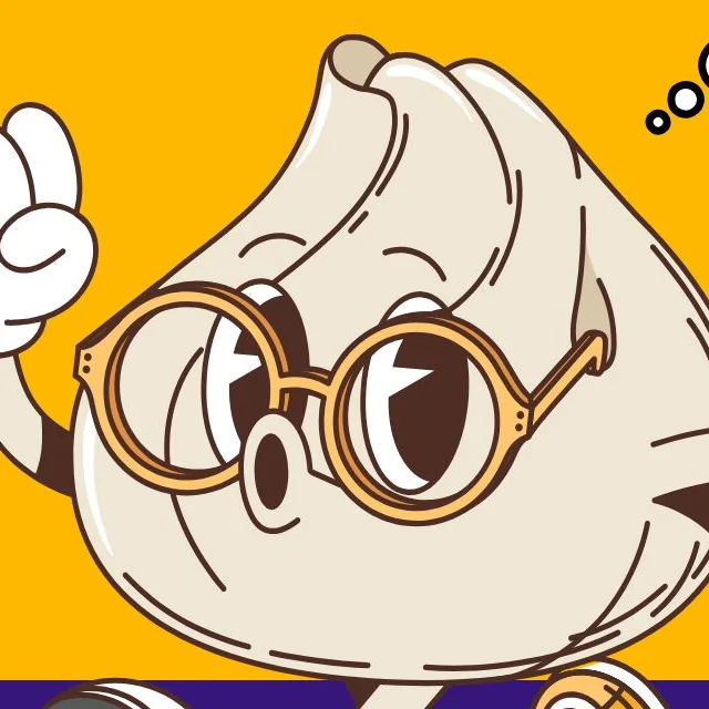 Detail of Moji: a pleated momo with a twisted top, round orange glasses and wide eyes