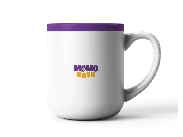 A white mug with a purple rim, the MomoRush logo on its side