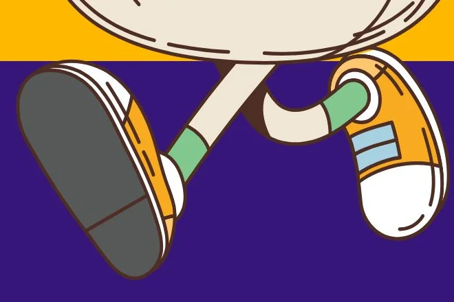 Detail of Moji mid-stride: one sneaker lifted, the other pushing off, on a purple ground