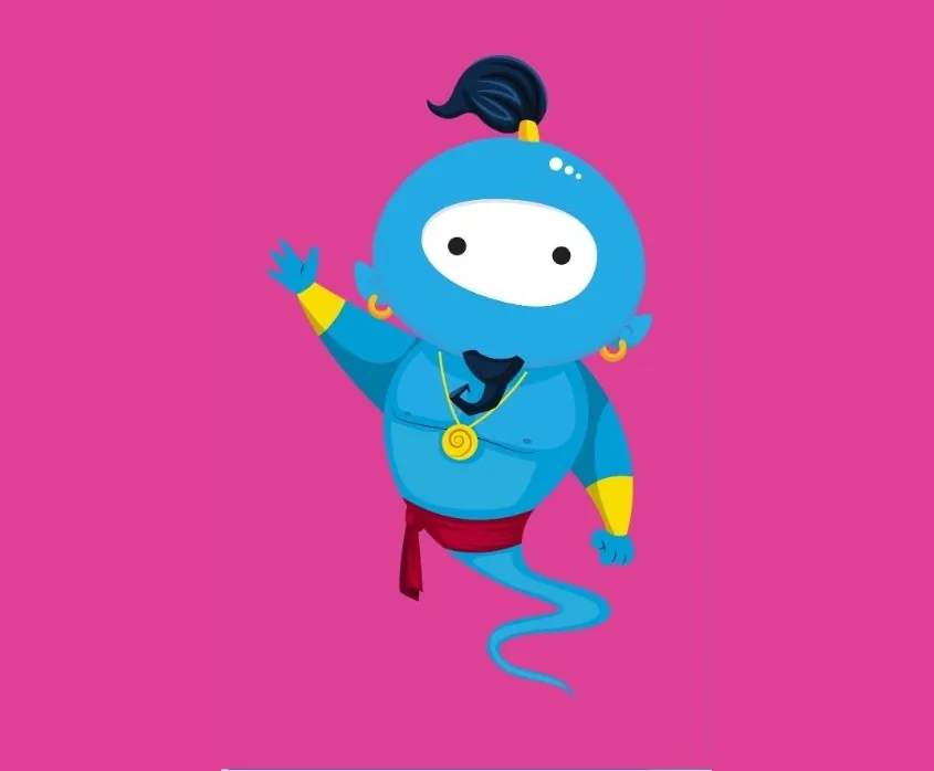 Wishie, the MomsGenie genie: a blue character with big white eyes and a navy topknot, waving