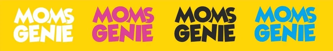 The MOMS GENIE wordmark in four colours, white, magenta, dark navy and sky blue, on a yellow strip