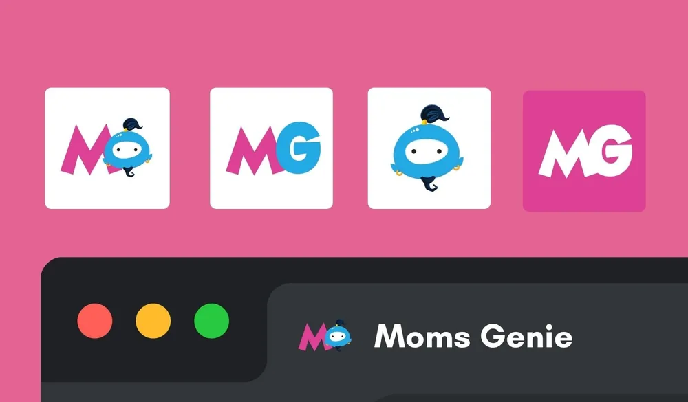 Four MomsGenie app icons, from the MG monogram to Wishie’s face, above the icon in a browser tab