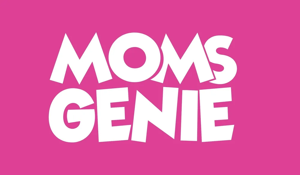 The MOMS GENIE wordmark in white on magenta, set in heavy rounded capitals on two lines