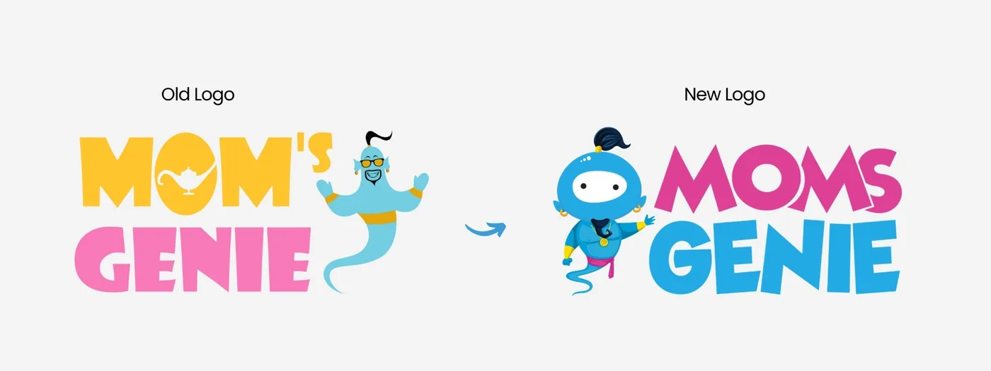 The MomsGenie logo before and after: the old Mom’s Genie logo with a lamp and a detailed genie, and the new logo led by Wishie