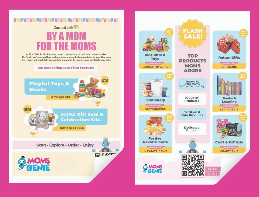 Two MomsGenie printed flyers: one headed By a mom for the moms, one a flash-sale list of gift and learning categories