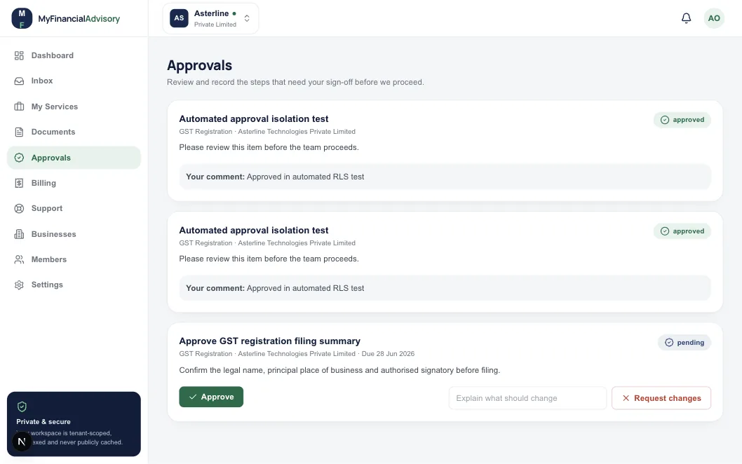 The MyFinancialAdvisory approvals page: test approval requests, each with the comment recorded, and Approve and Request changes buttons
