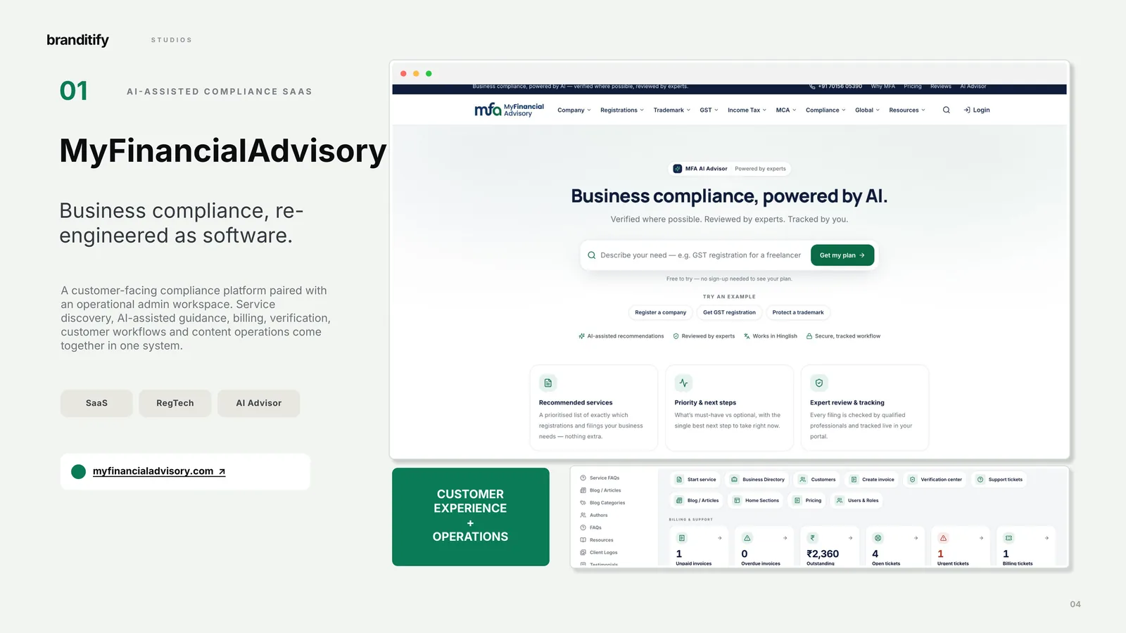 The MyFinancialAdvisory page of Branditify’s 2026 Selected Digital Work: AI-assisted compliance SaaS, customer experience plus operations