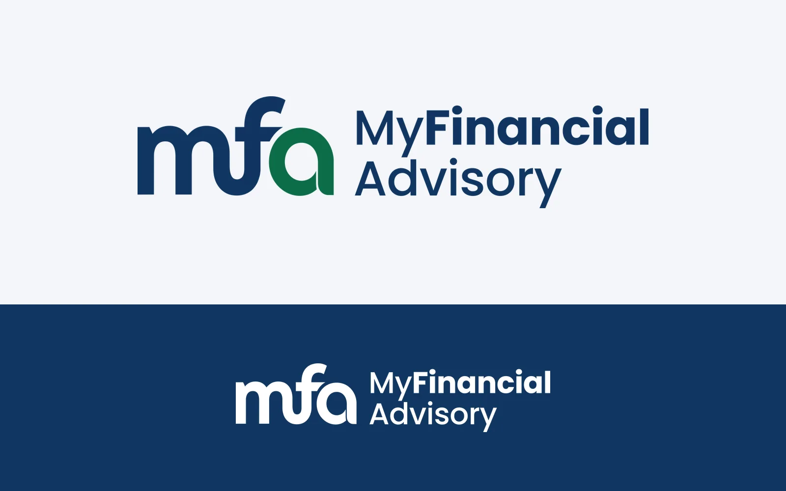 The MyFinancialAdvisory logo designed by Branditify: the mfa monogram in navy and green beside the wordmark, and the white version on navy