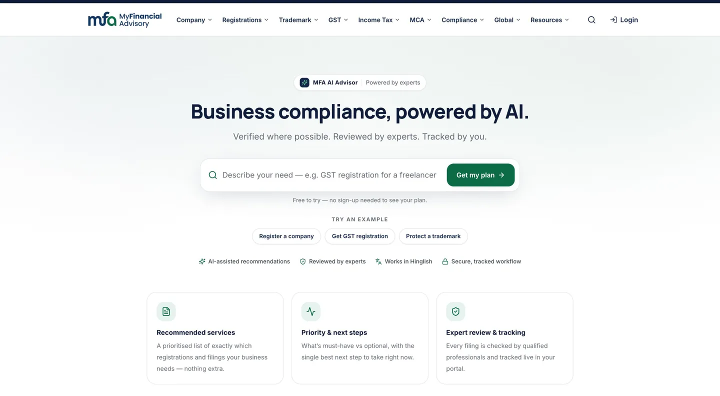 The MyFinancialAdvisory home page: Business compliance, powered by AI, with a Describe your need box and a Get my plan button