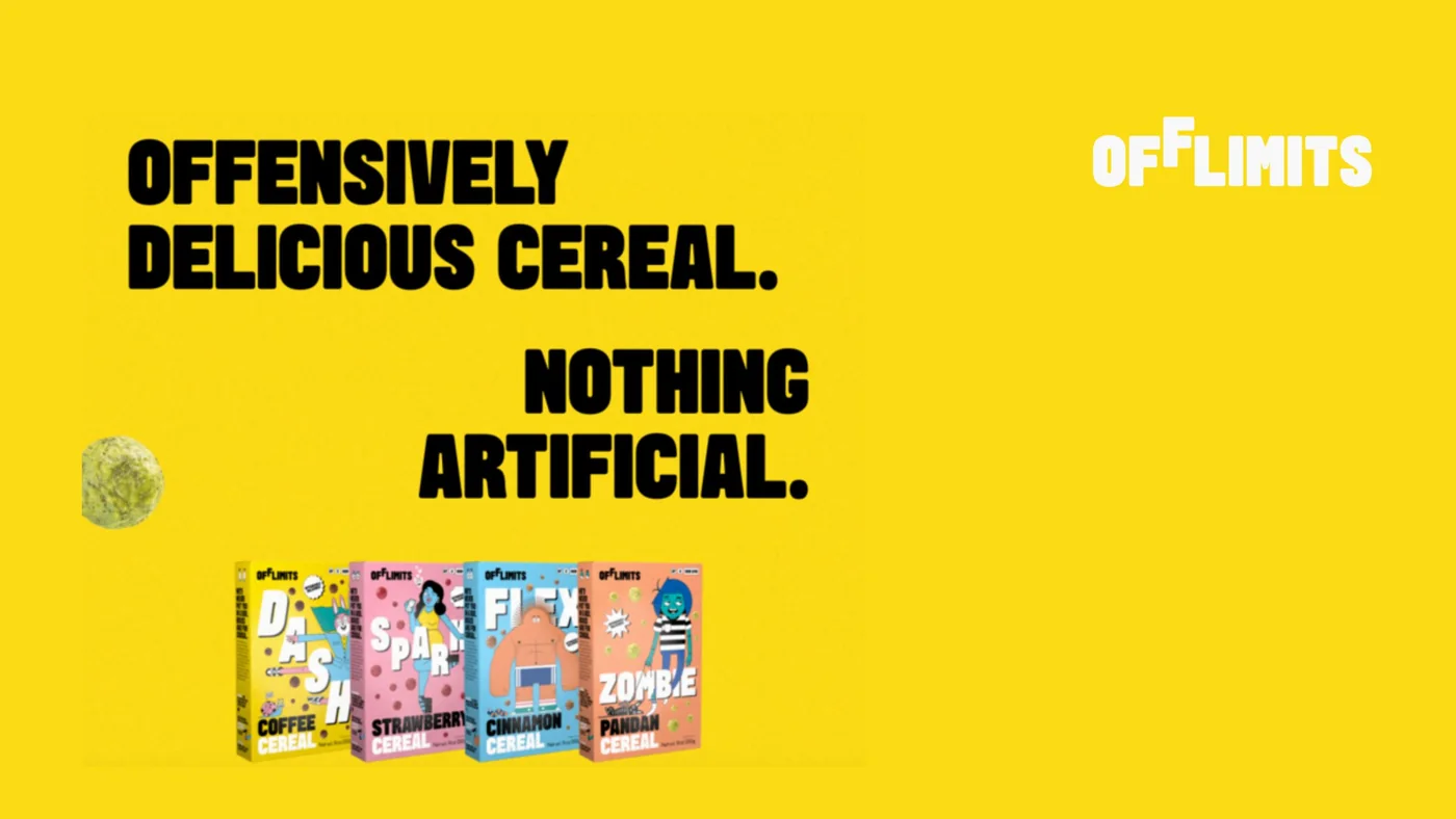 OffLimits art on yellow: the wordmark, the lines Offensively delicious cereal and Nothing artificial, and four cereal boxes