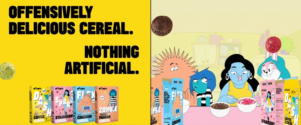 OffLimits brand art: Offensively delicious cereal. Nothing artificial. Four cereal boxes on yellow, and illustrated characters sharing bowls of cereal