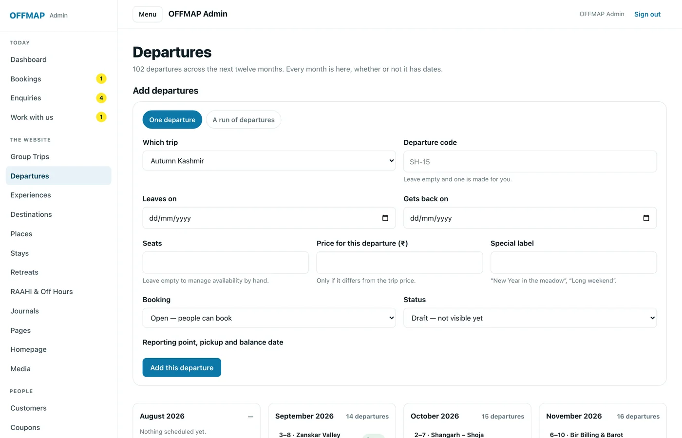 The OFFMAP admin Departures screen: a form to add one departure or a run of them, above month columns of departures