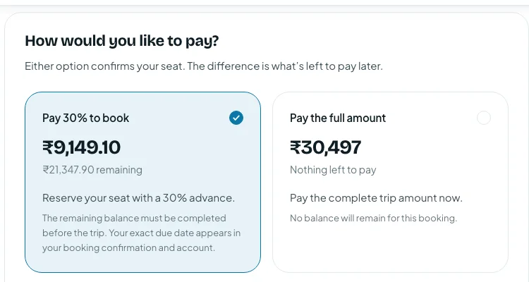 The payment choice in the OFFMAP booking: pay 30% to book, or pay the full amount