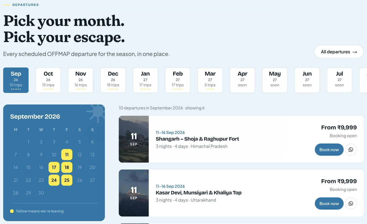 The OFFMAP departures board: a month rail, a September calendar with departure days marked, and trips with a Book now button