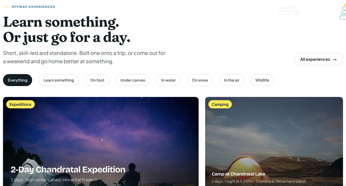 OFFMAP Experiences: Learn something. Or just go for a day, with filters from On foot to Wildlife and two expedition cards