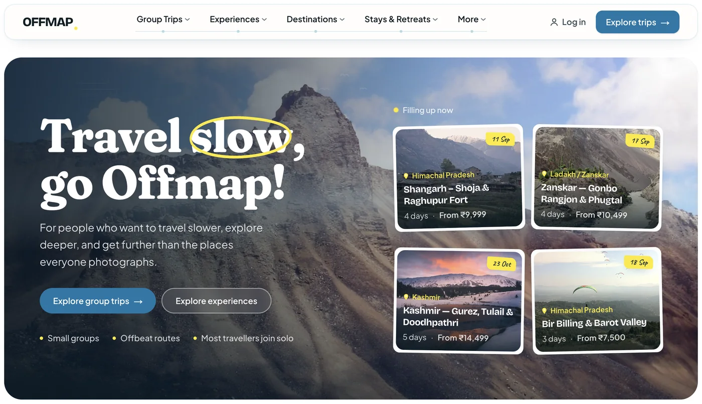 The OFFMAP home page: Travel slow, go Offmap! over a mountain, with four trip cards filling up now