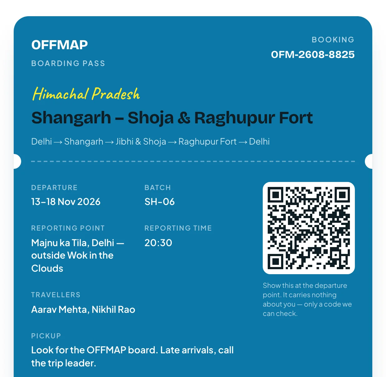 An OFFMAP boarding pass: the trip, route, departure dates, batch, reporting point and time, travellers and a QR code