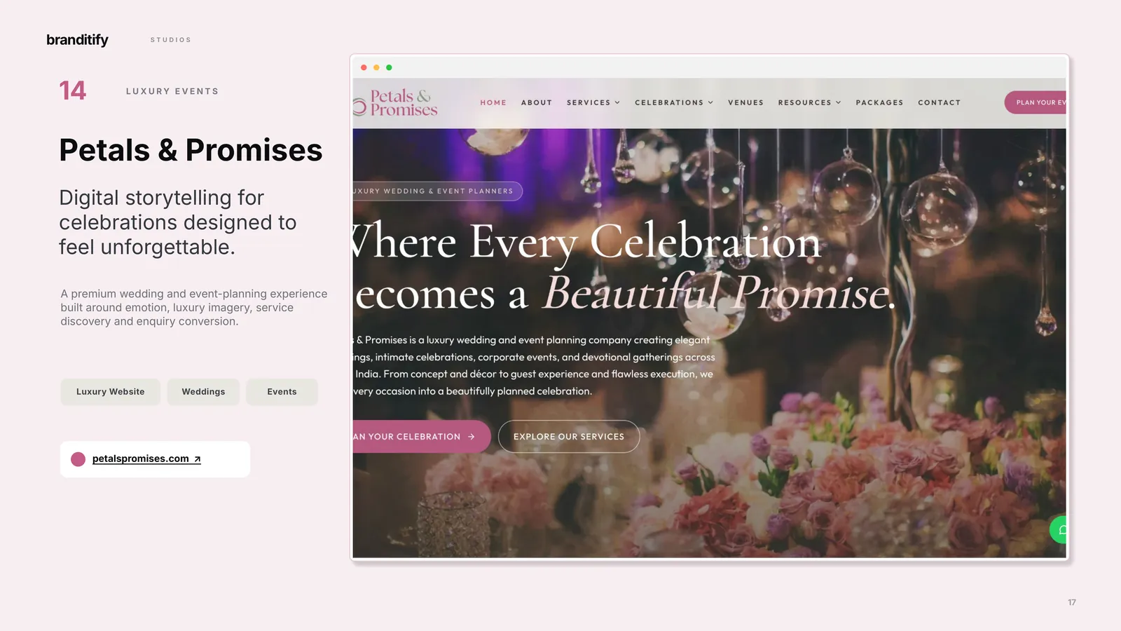 The Petals & Promises page of Branditify’s 2026 Selected Digital Work: digital storytelling for celebrations designed to feel unforgettable