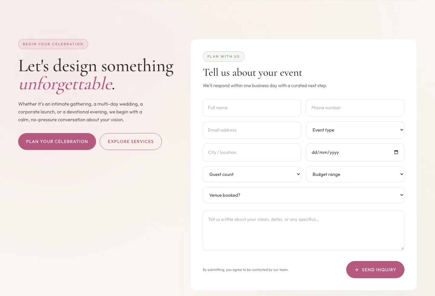 The enquiry section, Let’s design something unforgettable, with a Tell us about your event form asking for event type, city, date, guests and budget