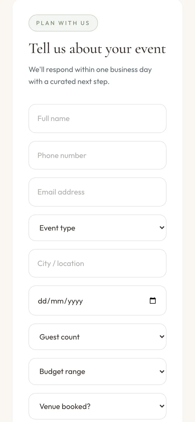The Petals & Promises enquiry form on a phone: Tell us about your event, with fields for name, phone, email, event type, city, date, guests and budget