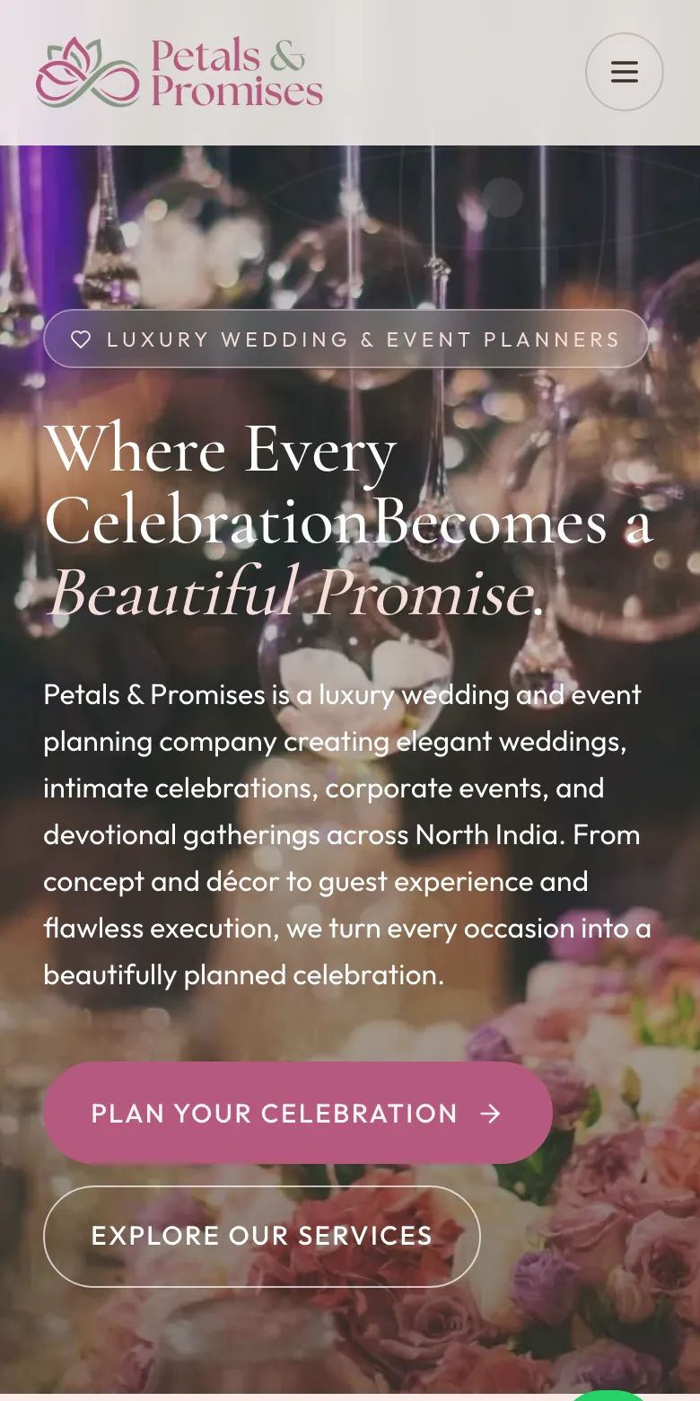 The Petals & Promises home page on a phone: Luxury wedding and event planners, the headline, then Plan your celebration and Explore our services