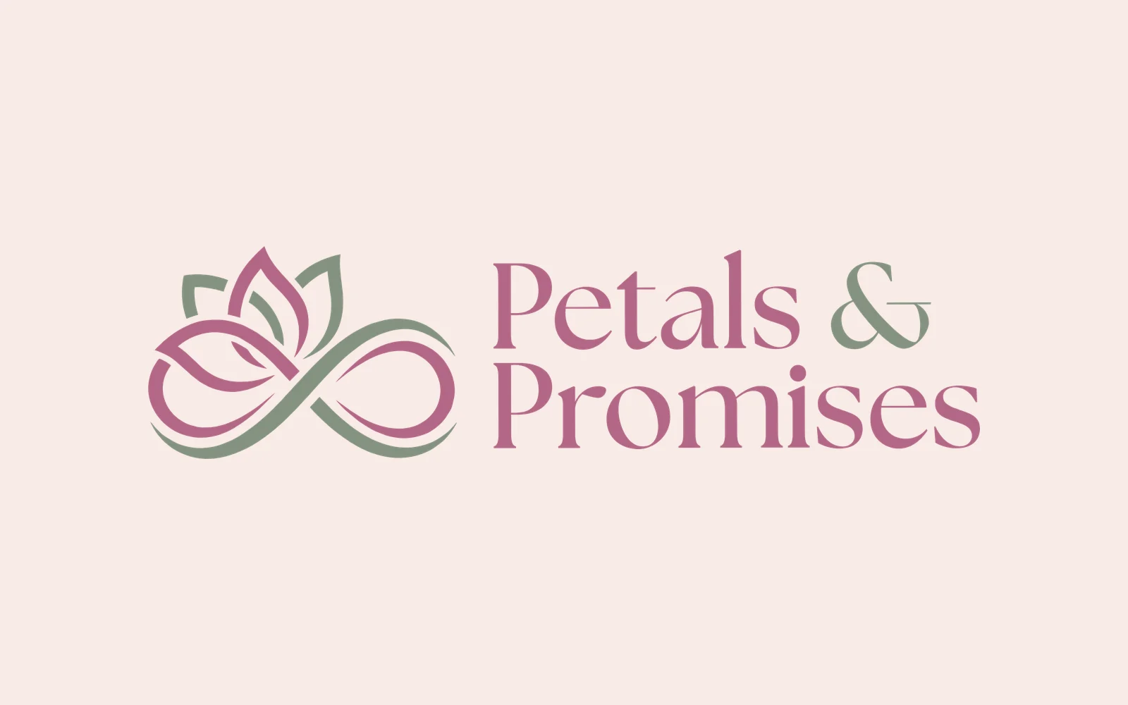 The Petals & Promises logo designed by Branditify: mauve petals and sage leaves rising from an infinity loop, beside the serif wordmark
