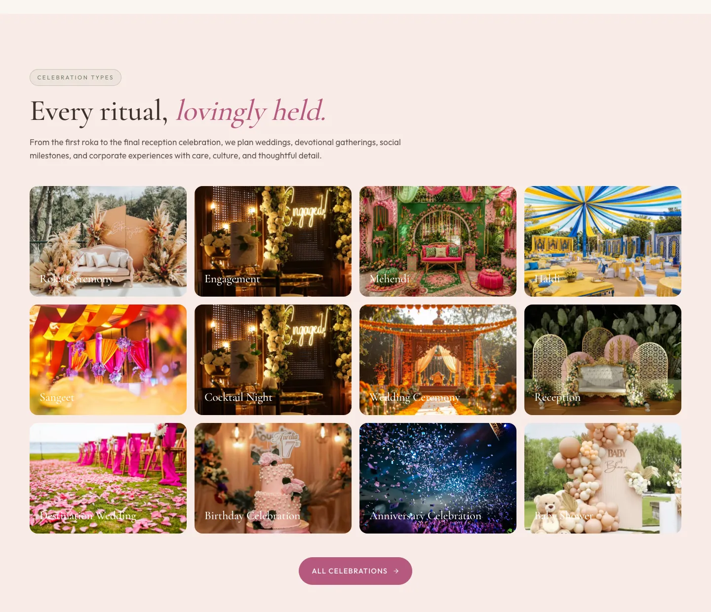 The Every ritual, lovingly held section: a grid of twelve celebration photographs, from engagement to birthdays, above an All celebrations button