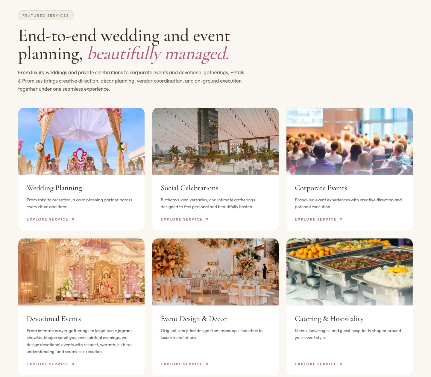 The services section, End-to-end wedding and event planning: six cards from wedding planning to catering and hospitality, each with an explore link