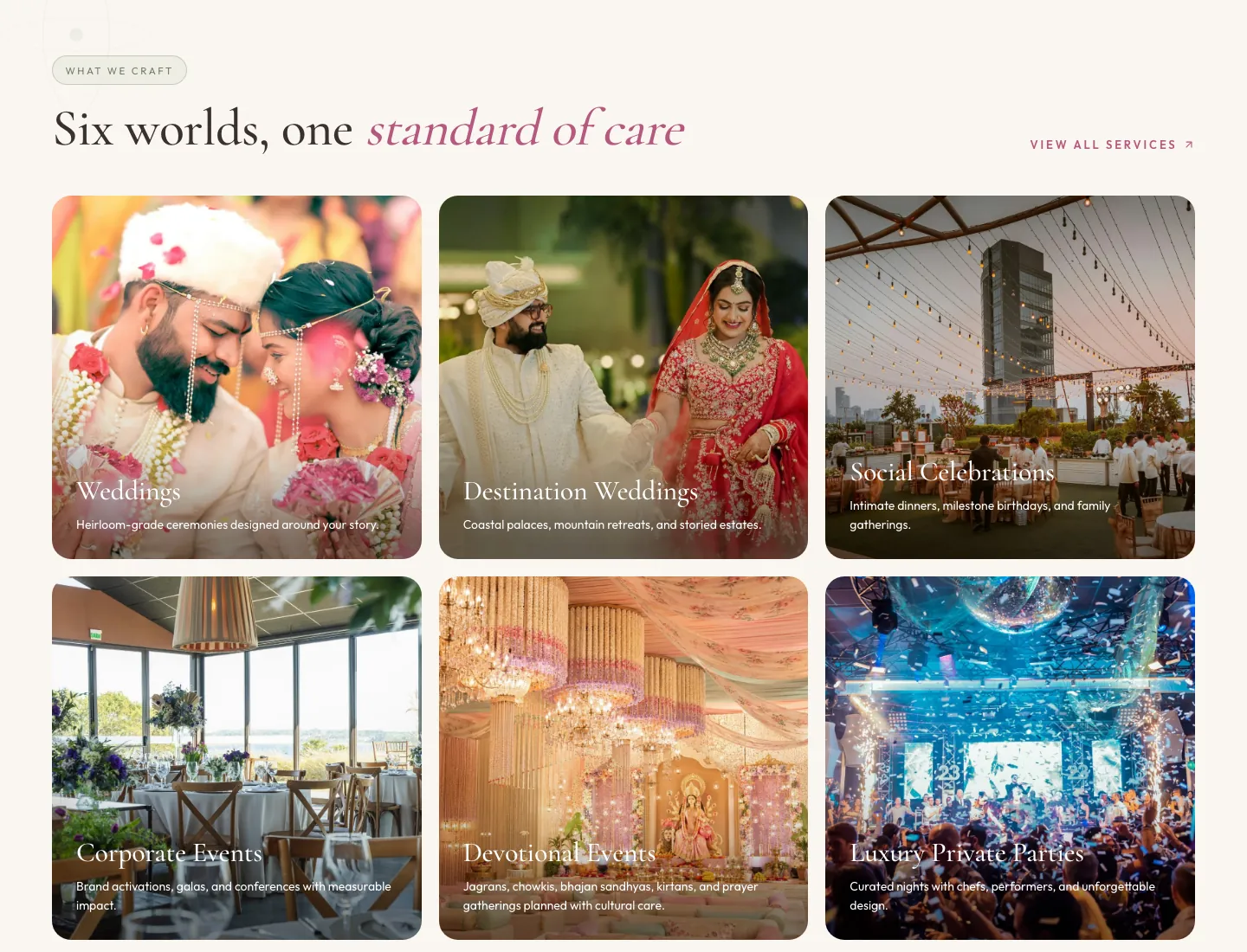 Six worlds, one standard of care: photo cards for weddings, destination weddings, social, corporate and devotional events, and luxury private parties