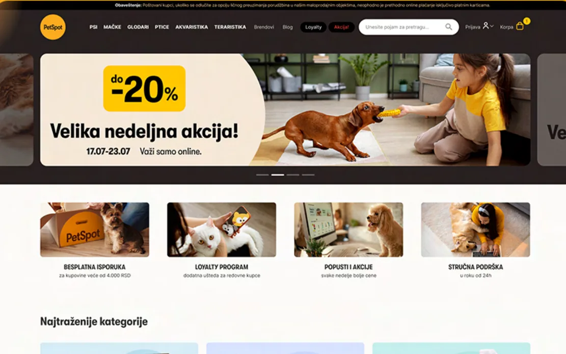 The PetSpot home page designed by Branditify: a menu by pet, a weekly offer banner, four service promises and the most-wanted categories