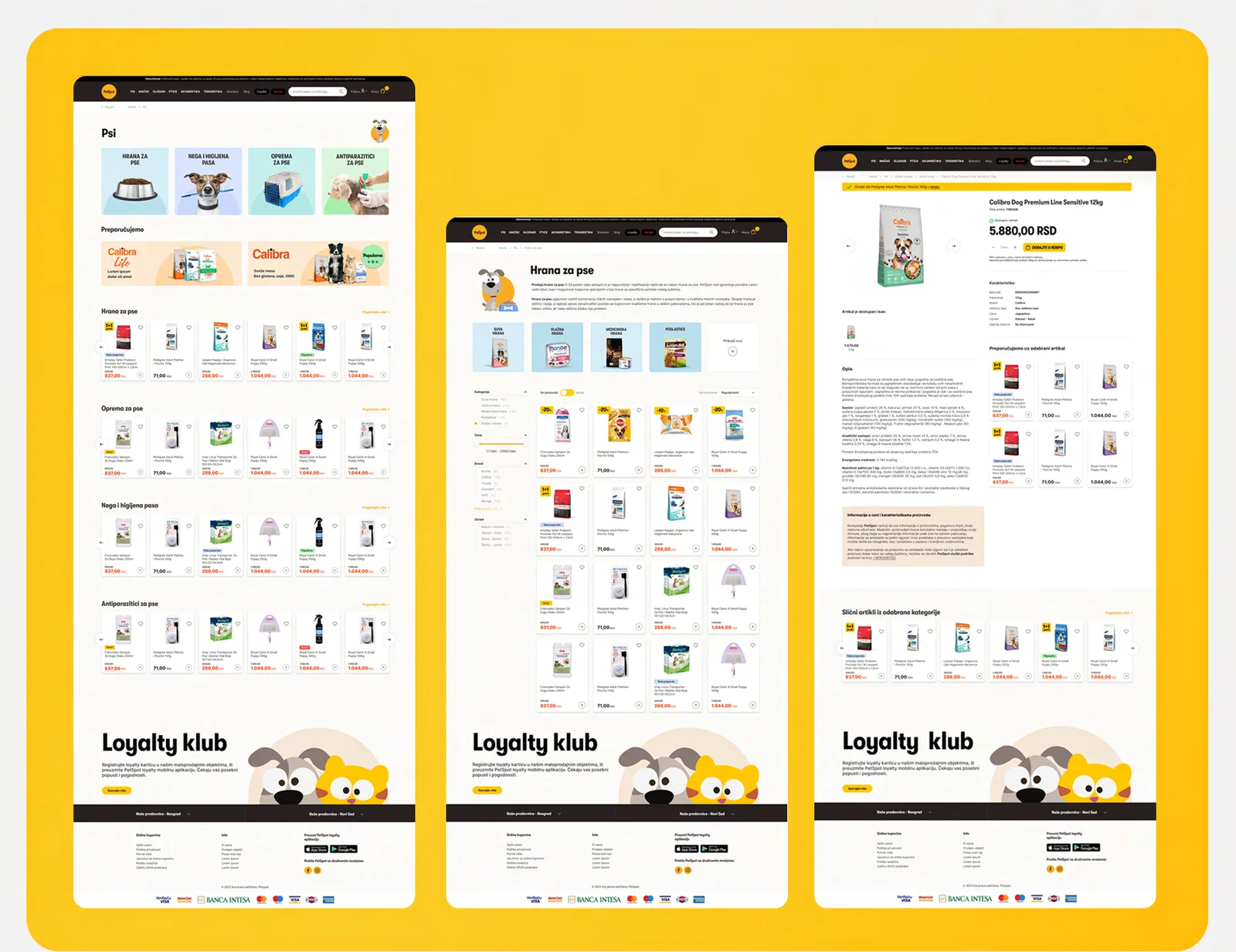 Three PetSpot inner pages on yellow: the dogs category page, a dog food listing and a product page