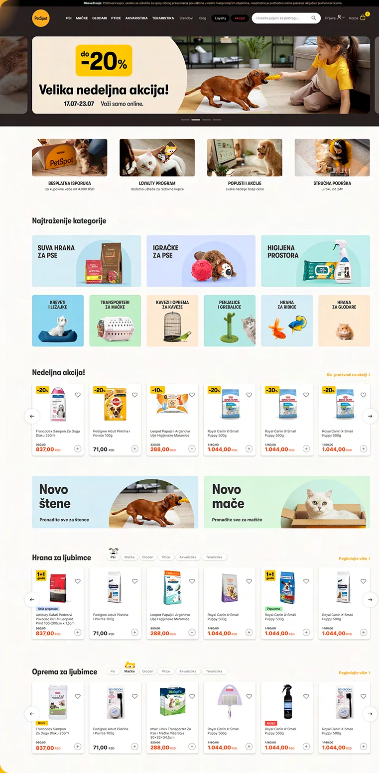 The PetSpot home page, upper half: the offer banner, service promises, category tiles, weekly offers, new puppy and new kitten, and food rails