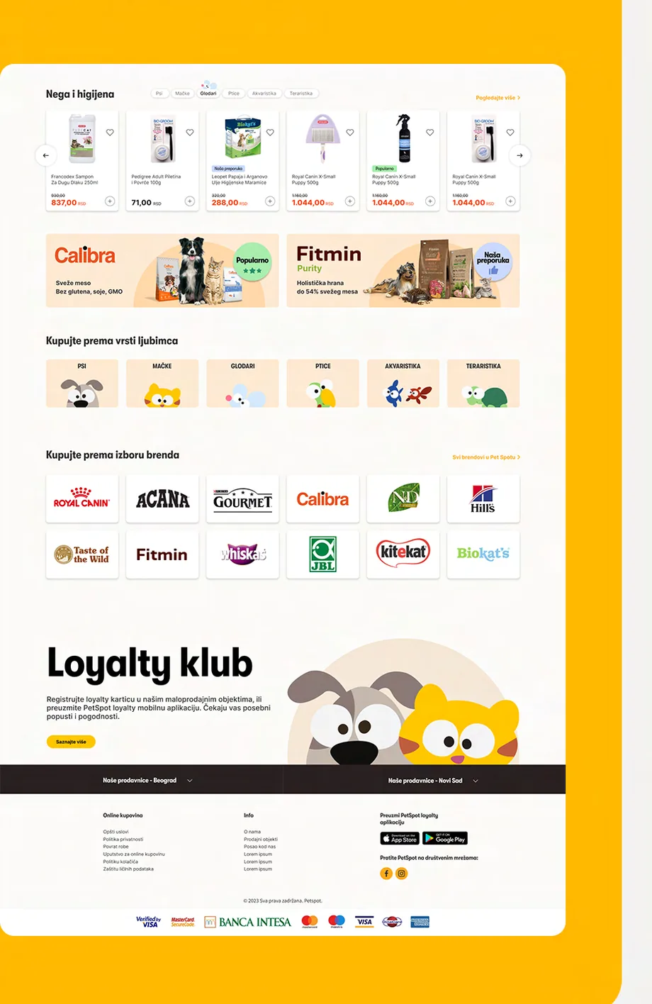 The PetSpot home page, lower half: care and hygiene, brand promotions, shop by pet type, shop by brand, the loyalty club and the footer