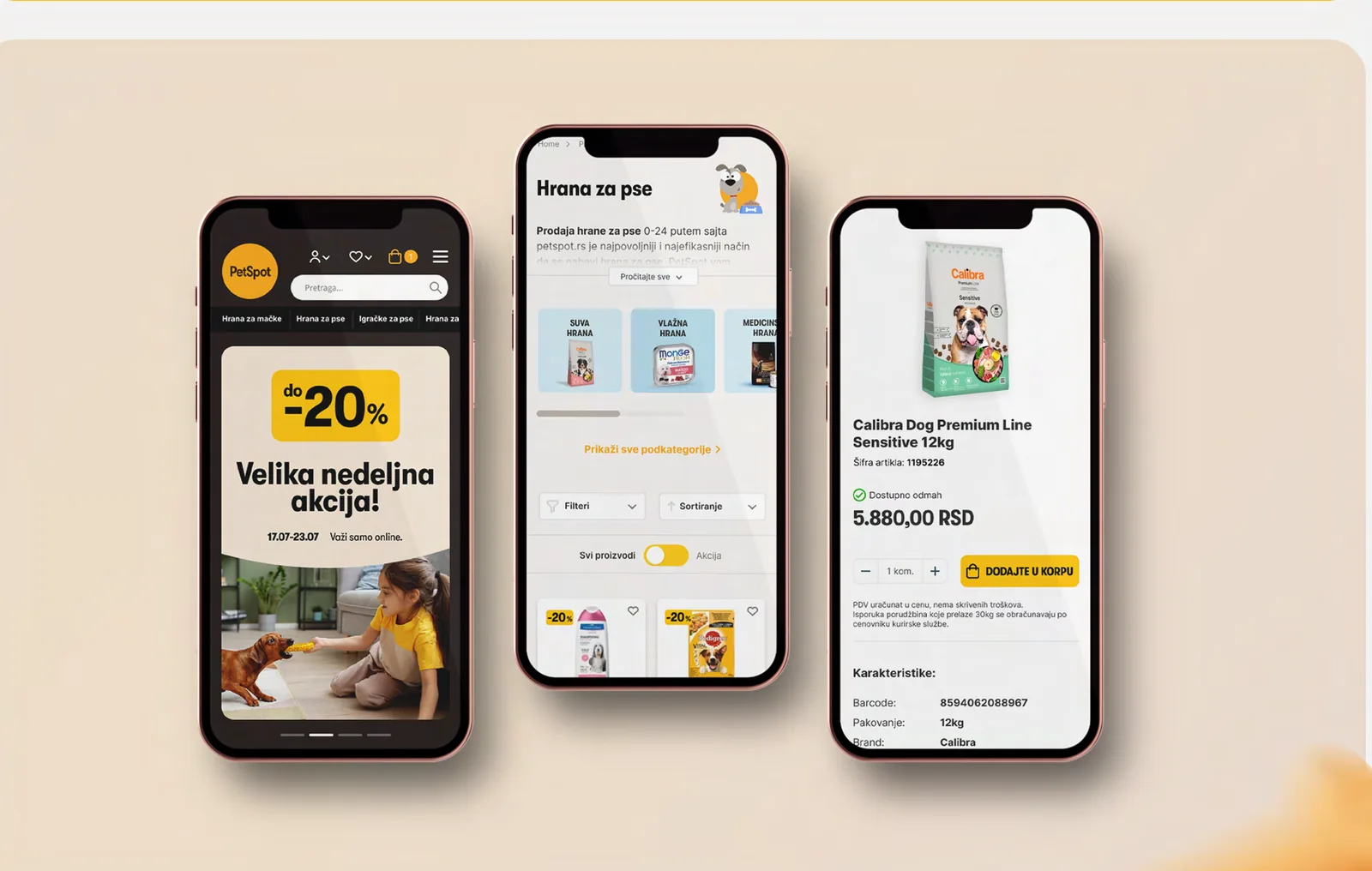 PetSpot on three phones: the home page with its weekly offer, a dog food listing with filters and sorting, and a product page with add to cart