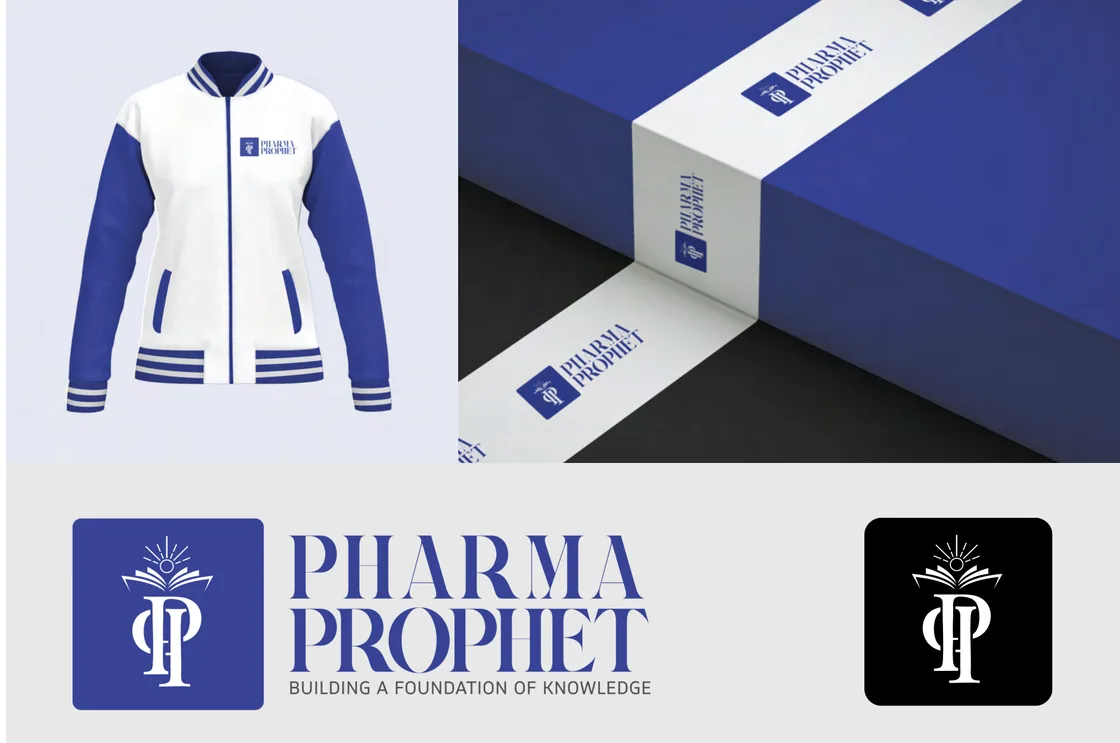 Pharma Prophet applications: a navy and white varsity jacket, a packaging box with the logo, and the lockups in colour and in black
