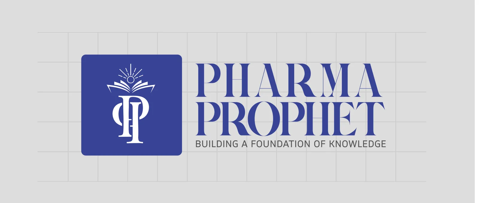 The Pharma Prophet logo on its construction grid: the navy icon tile beside the two-line serif wordmark and the line Building a foundation of knowledge