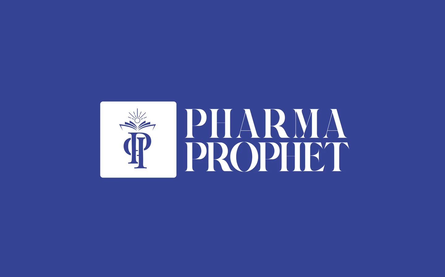 The Pharma Prophet logo designed by Branditify: a white tile with the P P monogram on an open book under rays, beside the serif wordmark on navy