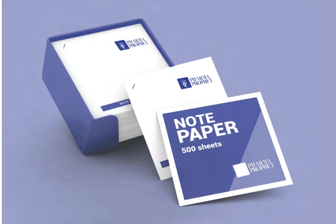Pharma Prophet note paper in a navy box: a 500-sheet pad with the logo, on a lilac ground