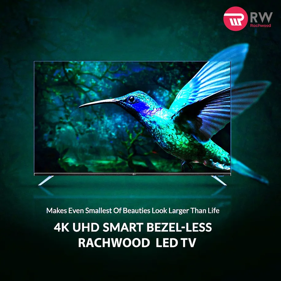 A Rachwood post: a hummingbird on a bezel-less 4K UHD screen, with the line about making the smallest of beauties look larger than life