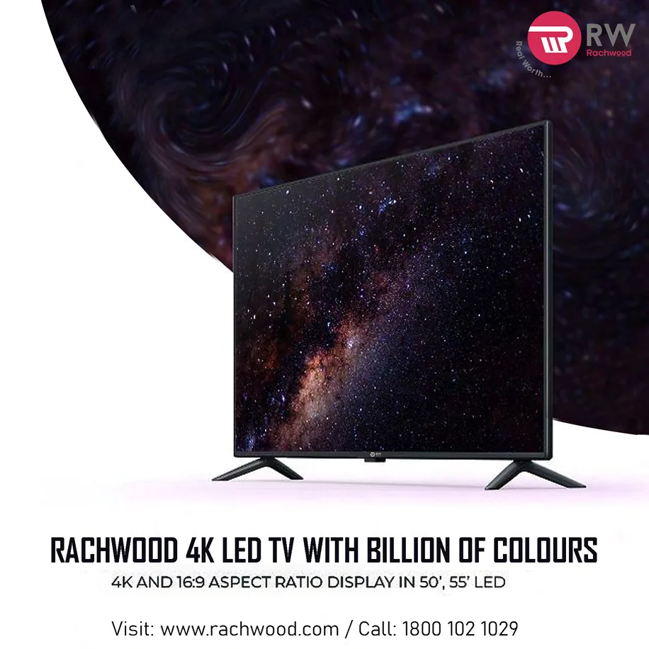 A Rachwood post showing a 4K LED television against a galaxy, headlined Rachwood 4K LED TV with billion of colours