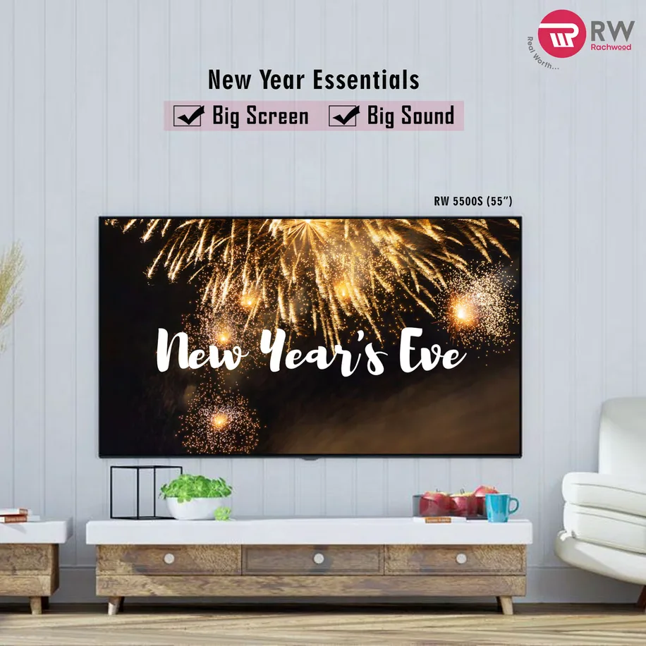 A Rachwood New Year post: fireworks and New Year’s Eve lettering on a wall-mounted screen in a living room