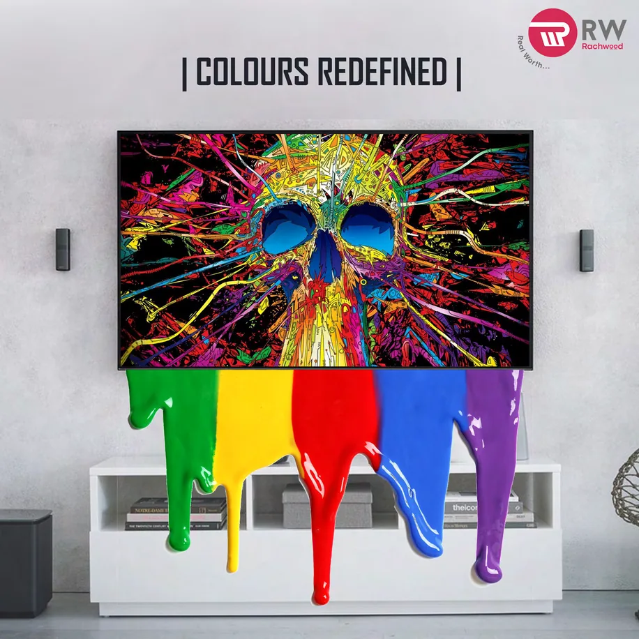 A Rachwood post headed Colours Redefined: a painted skull on the screen above four poured paint colours