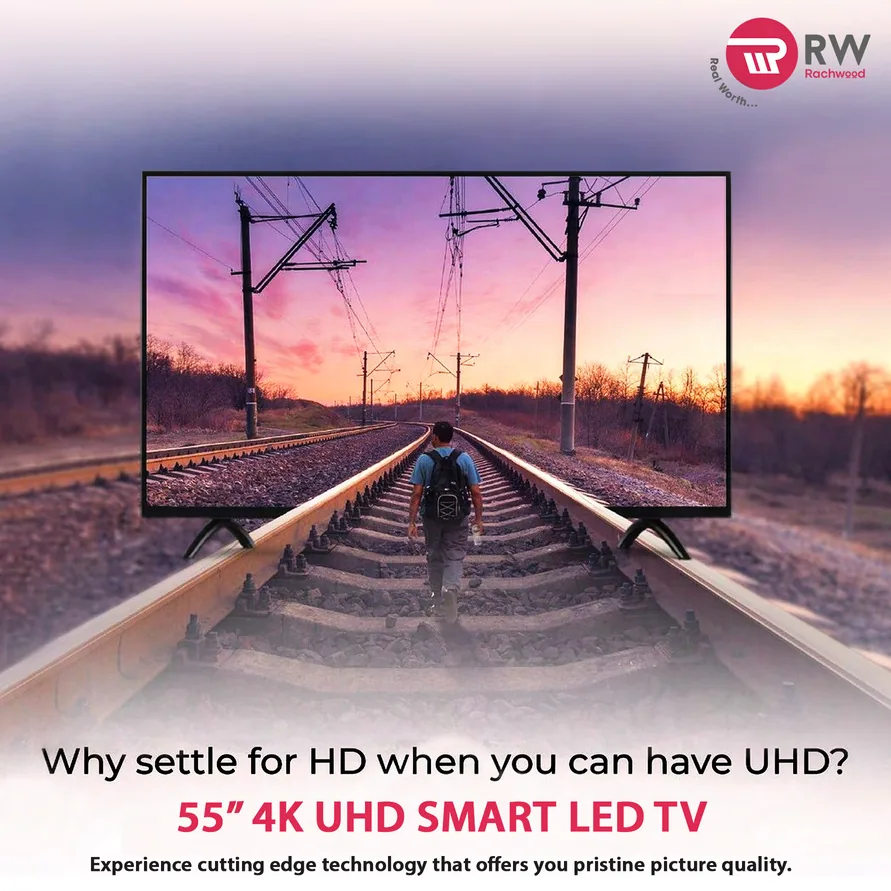 A Rachwood post: a railway track at dusk on a 55-inch screen, asking why settle for HD when you can have UHD