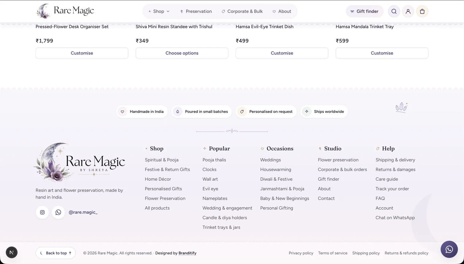 Rare Magic product cards with Customise and Choose options buttons, above the footer with its trust line and a Designed by Branditify credit