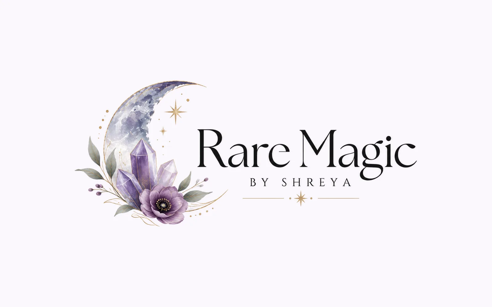 The Rare Magic logo designed by Branditify: a crescent moon holding crystals and a flower beside the wordmark and by Shreya