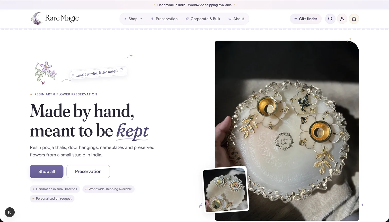 The Rare Magic home page: Made by hand, meant to be kept, beside a resin pooja thali, with Shop all and Preservation buttons