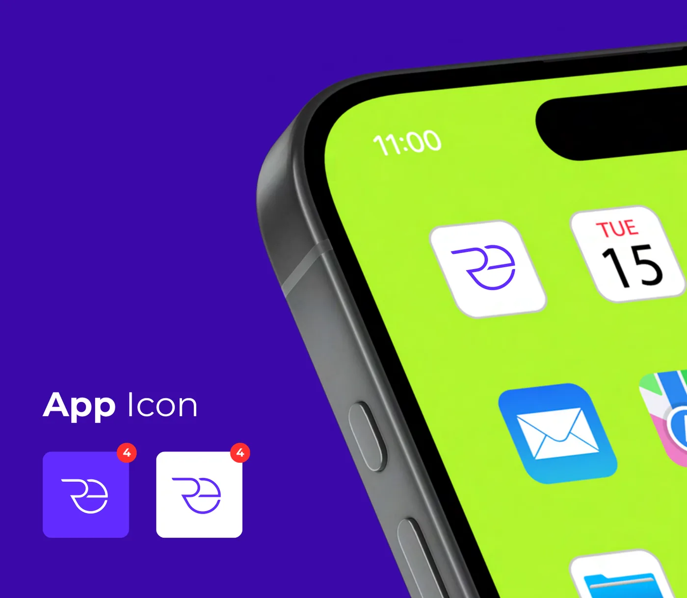 The Real Eternity app icon in violet and in white, and on a phone home screen beside a calendar and a mail icon