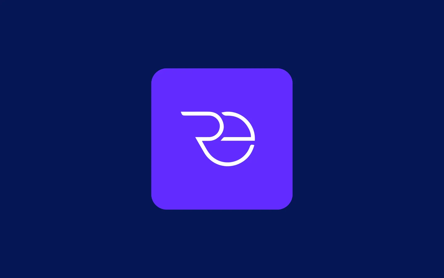 The Real Eternity symbol designed by Branditify: a white R and E intertwined in one open, circular form on a violet rounded square, on navy