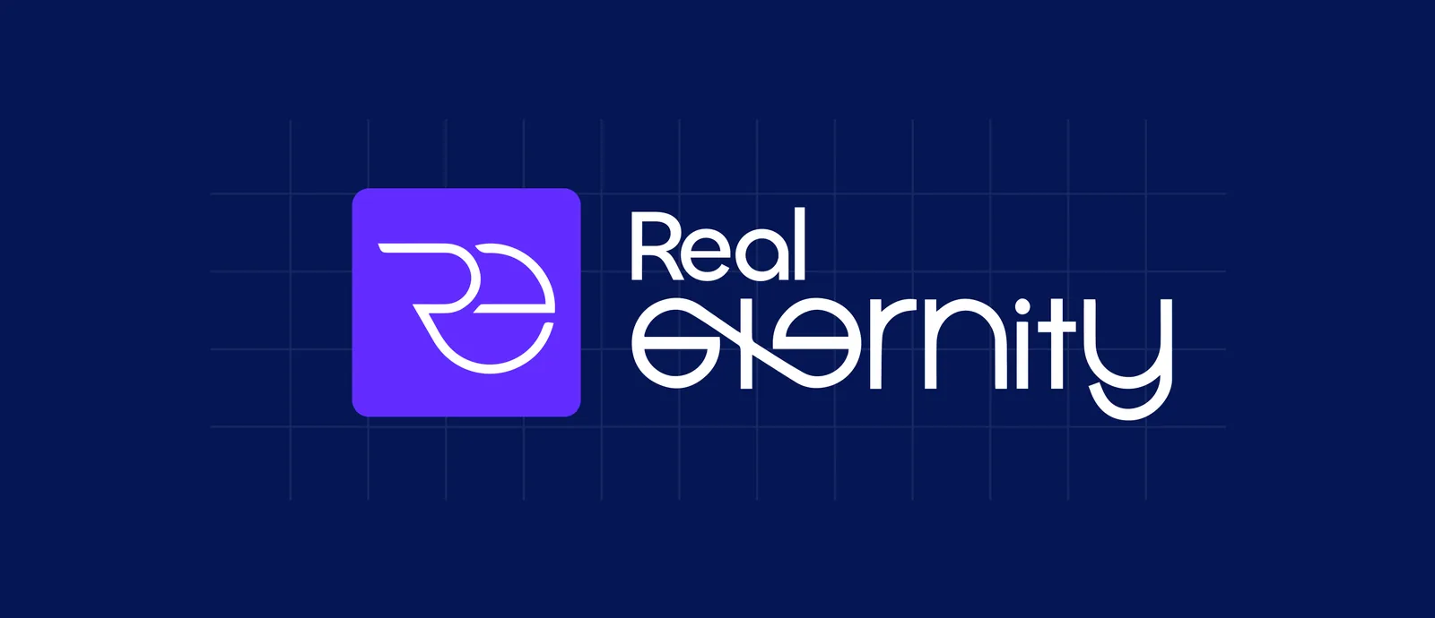 The Real Eternity logo designed by Branditify: the R and E symbol on violet beside the Real Eternity wordmark, on its construction grid on navy